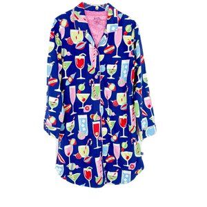 Nick & Nora Christmas Cocktails Flannel Sleep Shirt Size Medium M EUC